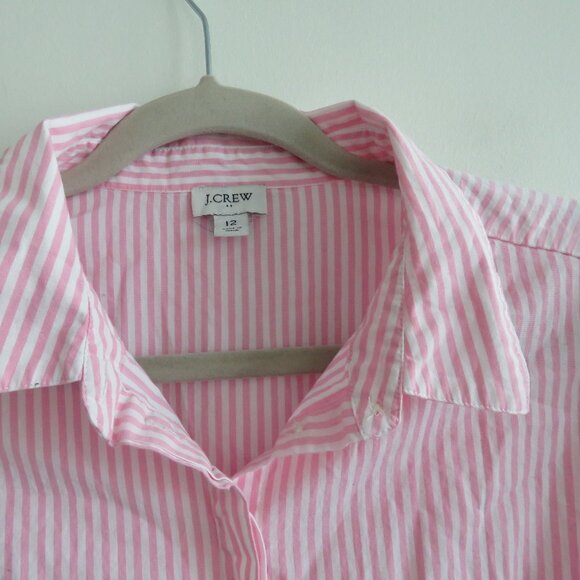 J. CREW Collared Puff Sleeve Mini Shirt Dress Striped Cotton Pink White Preppy - Picture 6 of 15